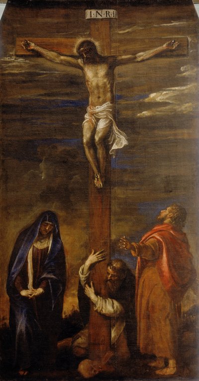 Cristo en la cruz con la Virgen, San Juan y San Domingo de Tiziano Vecelli